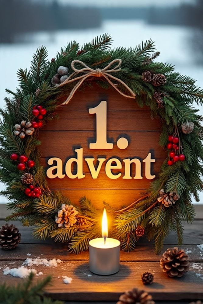 Runder Holzhintergrund mit '1. advent' Text, umrahmt von einem dicken Tannenkranz und einer kleinen Kerze.