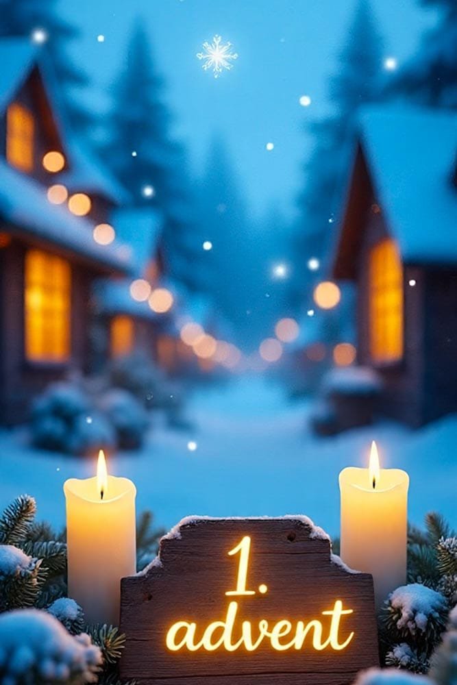 Zwei brennende Kerzen auf einer verschneiten Dorfstraße, Holzschild '1. Advent' und warm beleuchtete Häuser.