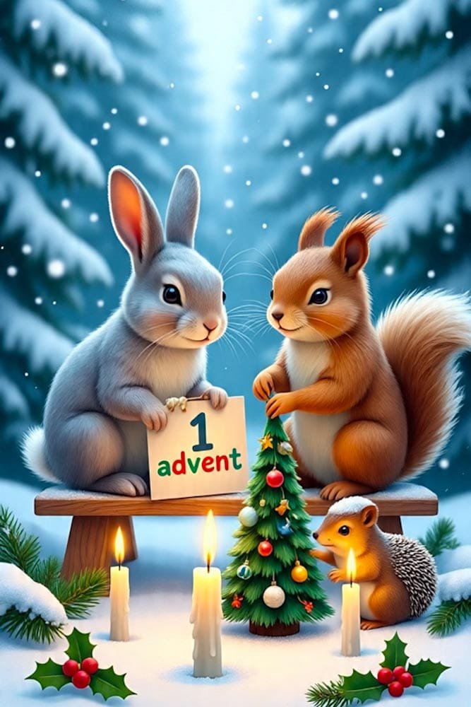 Süßer Hase und Eichhörnchen mit einem '1. Advent' Schild und einem geschmückten Mini-Weihnachtsbaum im Winterwald.