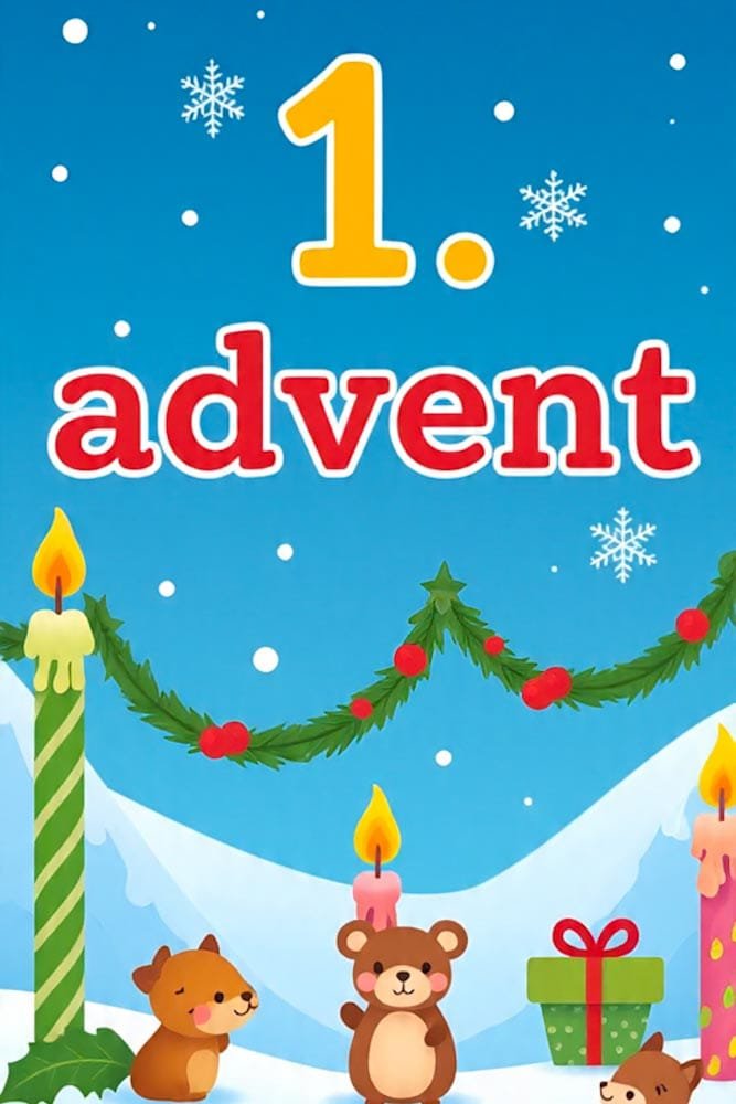 Bunte '1. Advent' Illustration mit zwei Kerzen, Girlanden, Eichhörnchen und Bären vor einer Winterlandschaft.