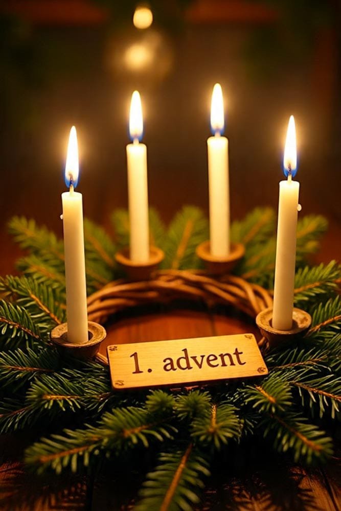 Klassischer Adventskranz aus Tannengrün mit vier brennenden, weißen Kerzen und dem Schild '1. advent'.