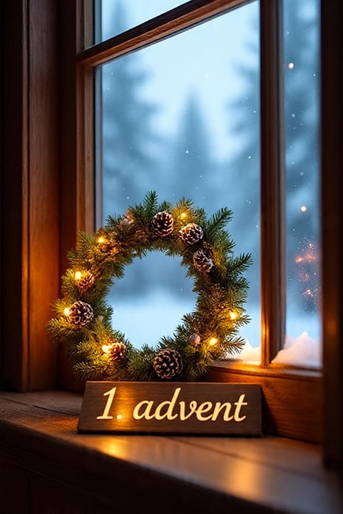 Leuchtender Türkranz mit Lichterkette und Tannenzapfen auf der Fensterbank vor einer verschneiten Außenansicht.