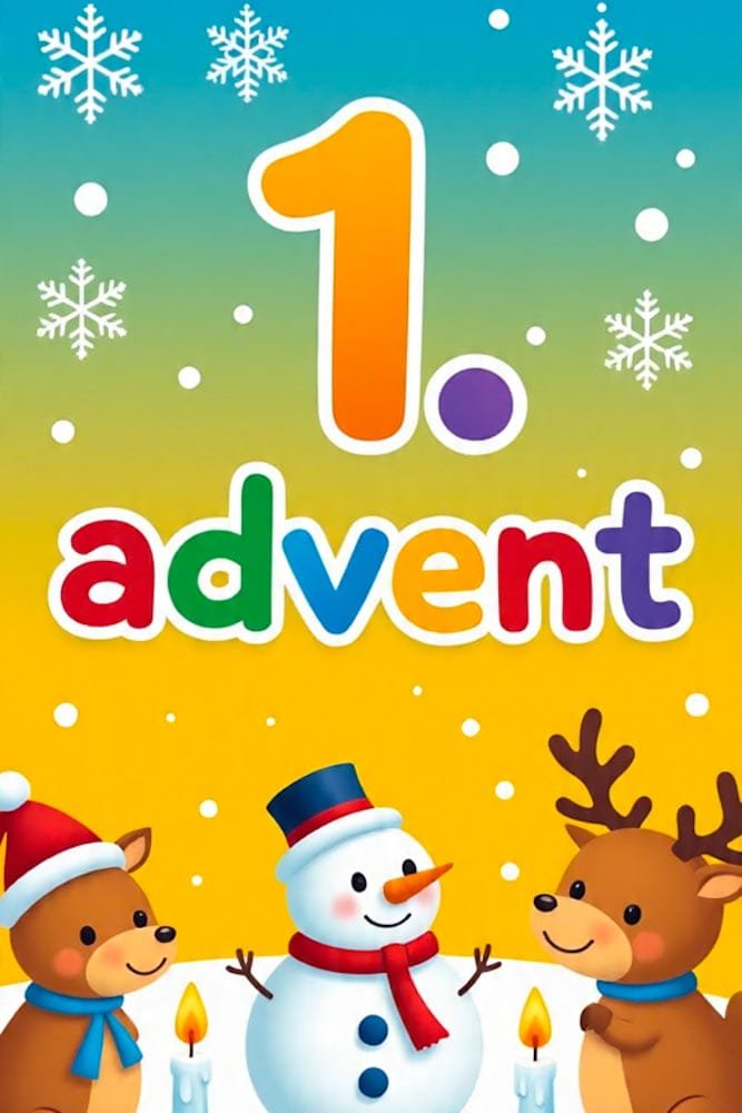 Farbenfrohe '1. Advent' Illustration mit Schneemann, Rentieren und brennenden Kerzen vor einem bunten Hintergrund.