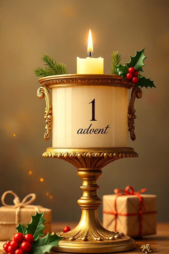 Eleganter, goldener Kerzenständer mit zylindrischer Kerze, '1. advent' Text und Weihnachtsdekoration und Geschenken.