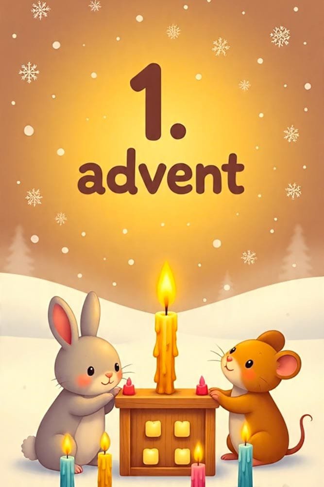 Niedlicher Hase und Maus halten Kerzen in ihren Händen und stehen neben einer großen Kerze unter dem '1. advent' Text.
