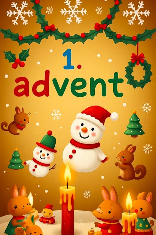 Bunte Weihnachtsgirlanden, Schneemänner, Hasen und drei brennende Kerzen auf einer goldgelben '1. advent' Karte.