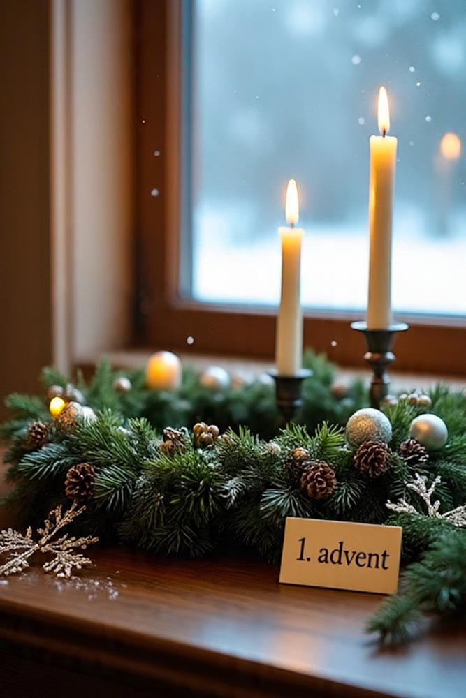 Traditioneller Adventskranz mit goldenen Kugeln und zwei brennenden Kerzen vor einem verschneiten Fenster.