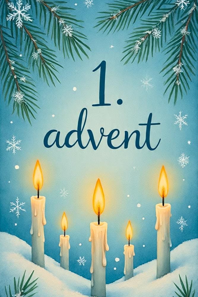 Bunte '1. advent' Karte mit fünf Kerzen und Tannenzweigen in einem weichen, verschneiten Aquarell-Stil.
