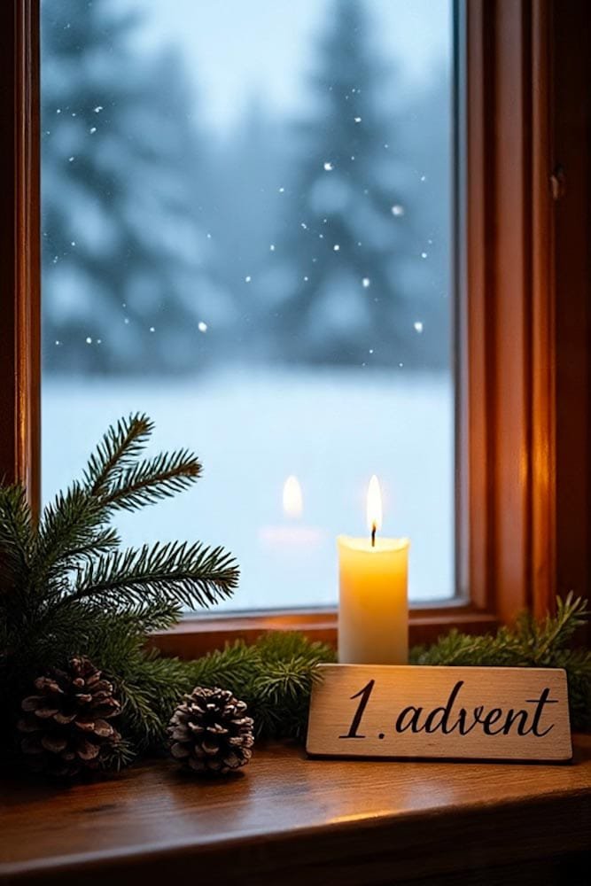 Eine brennende Kerze, Tannenzweige und ein '1. Advent' Schild auf einer Fensterbank mit Blick auf verschneite Bäume.
