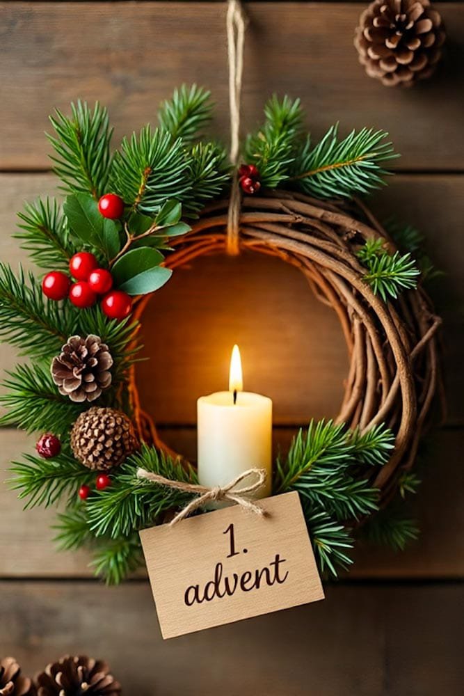 Ein hängender, rustikaler Adventskranz mit roten Beeren, Tannenzweigen und einer brennenden Kerze im Zentrum.