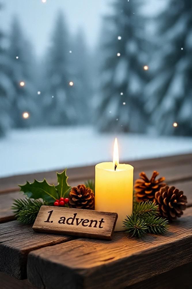 Kurze, dicke brennende Kerze mit Tannenzapfen, Stechpalme und '1. Advent' Schild auf einem Holztisch im Winter.