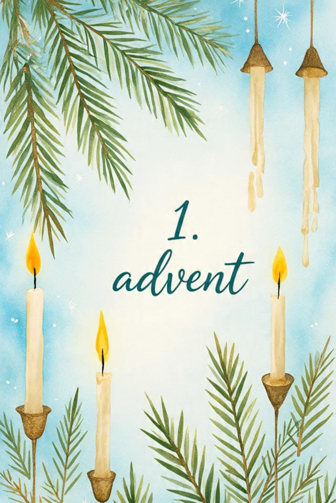 Aquarell-Illustration von vier brennenden Kerzen und Tannenzweigen auf einem hellblauen und weißen Hintergrund.