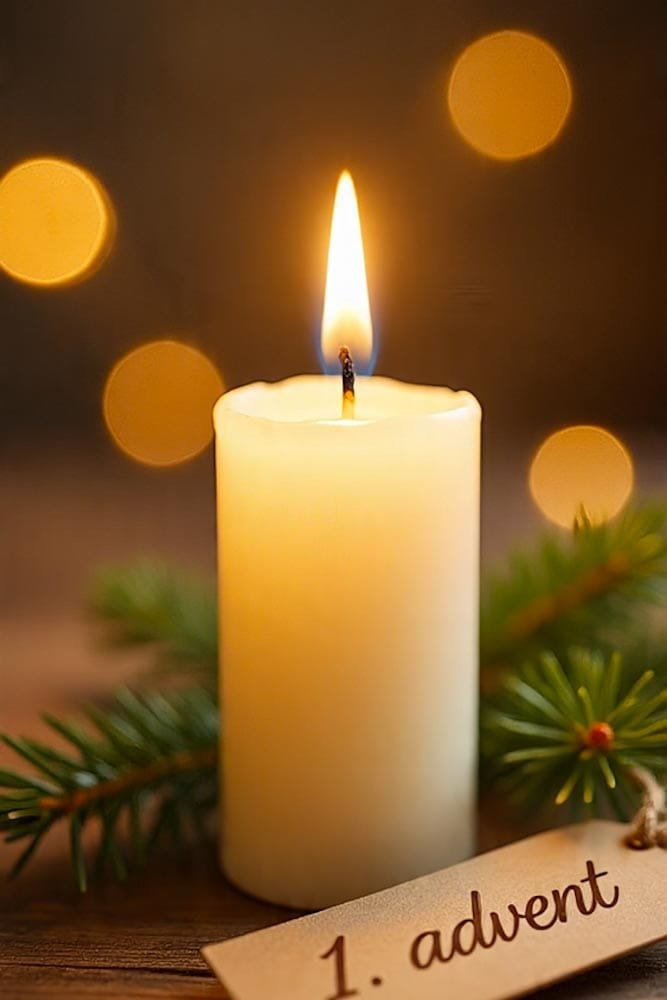 Eine dicke brennende Adventskerze in Nahaufnahme mit einem kleinen Etikett '1. Advent' und Bokeh-Lichtern.