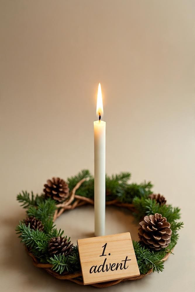 Schlichte Adventsdekoration mit einer einzelnen brennenden Kerze in einem kleinen Kranz aus Tannenzapfen und Zweigen.