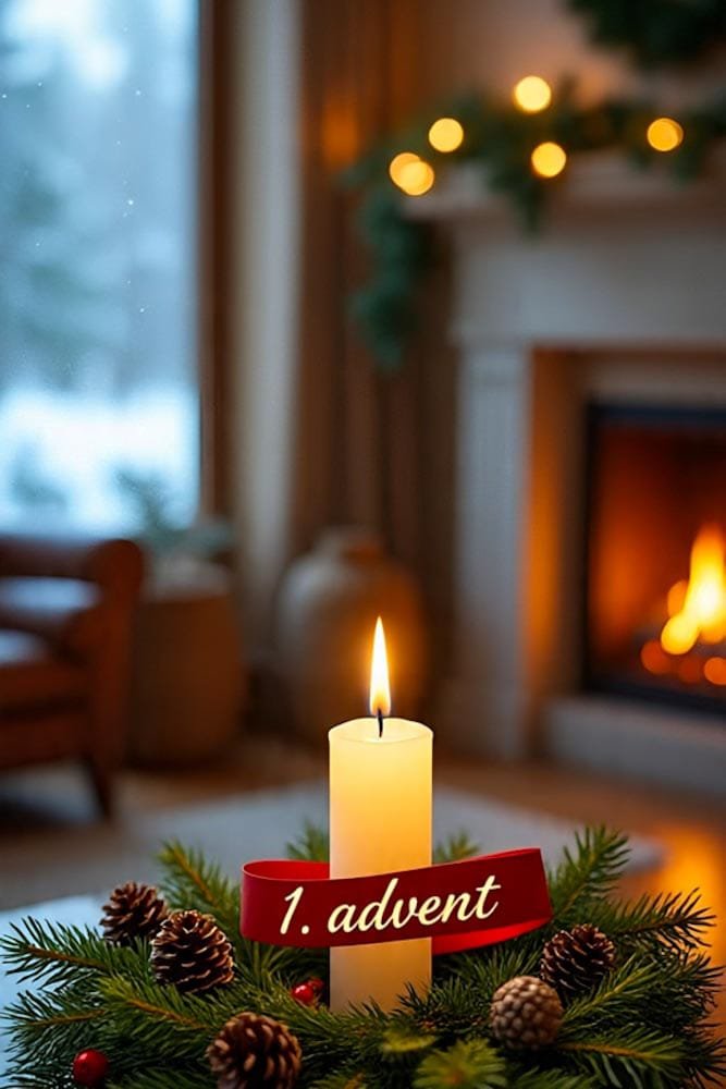 Kerze mit rotem '1. Advent' Band in einem Tannenkranz, vor einem brennenden Kamin in einem warmen Wohnzimmer.