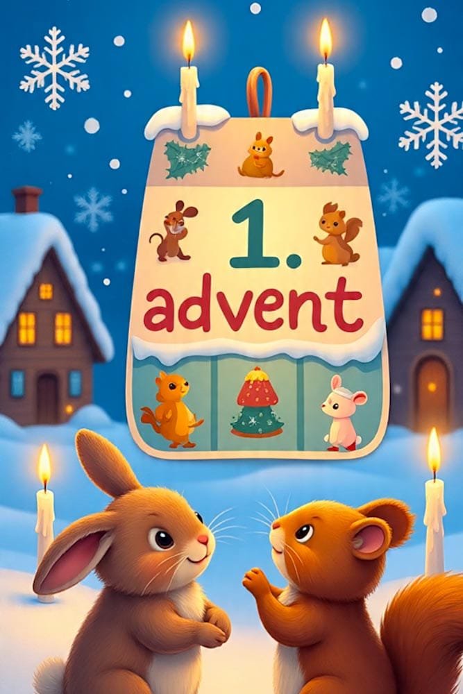 Süße Hasen und Eichhörnchen vor einem Adresskalender-Motiv mit '1. Advent' Text und Kerzen im Schnee.