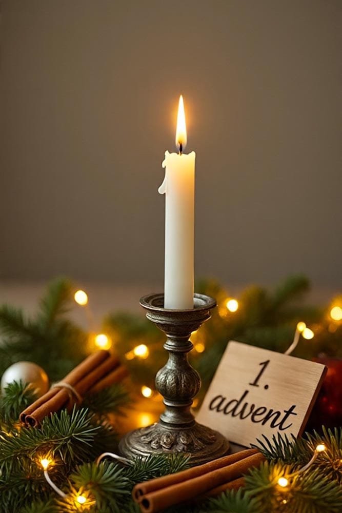 Eine einzelne Kerze in einem antiken silbernen Kerzenständer, umgeben von Tannenzweigen, Zimt und Lichterketten.