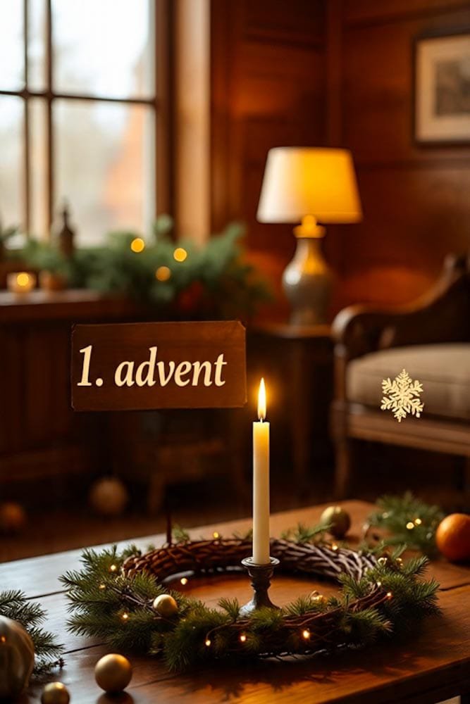 Holzschild '1. Advent' mit brennender Kerze und dekorativem Kranz in einem warmen, gemütlichen Interieur.