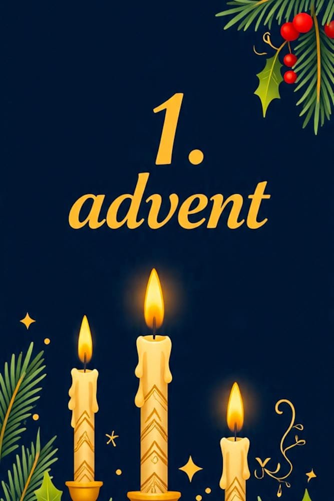 Drei brennende Kerzen mit detaillierten Schnitzereien und goldenem '1. Advent' Text auf dunkelblauem Hintergrund.