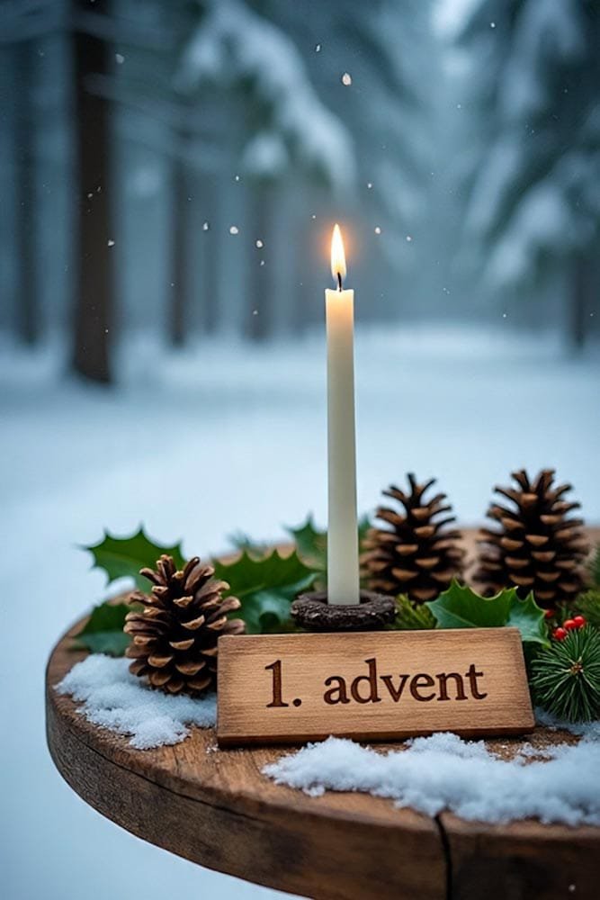 Eine lange, brennende Kerze mit Tannenzapfen, Stechpalme und '1. Advent' Schild auf einem Holztisch im verschneiten Wald.