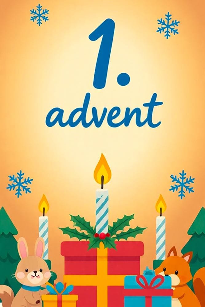 Niedliche Waldtiere, Stechpalme und Geschenke mit drei brennenden Kerzen, die den '1. Advent' darstellen.