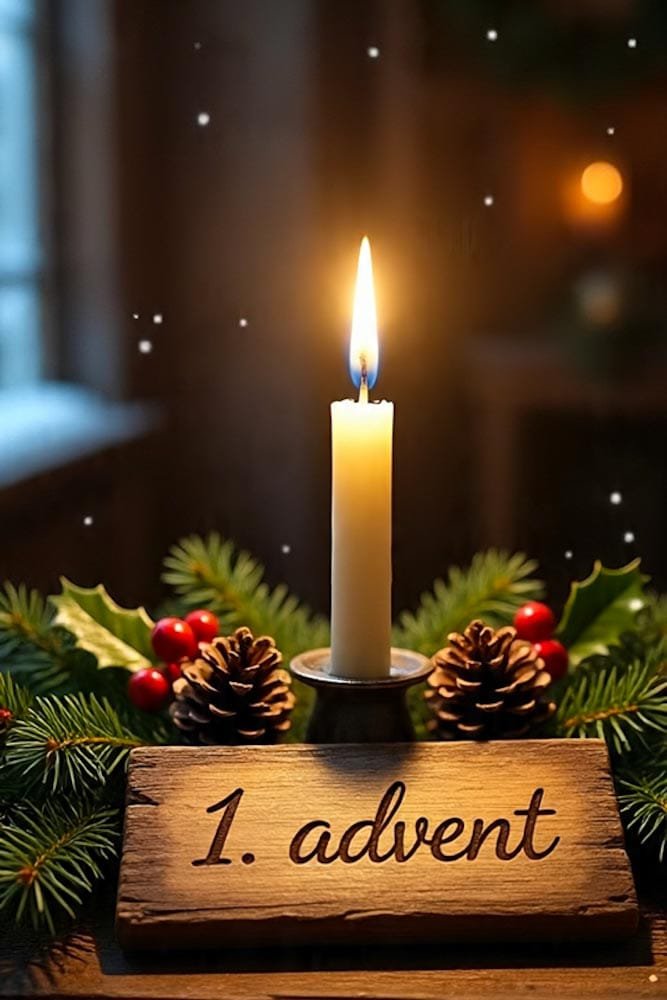 Eine einzelne brennende Kerze, umgeben von dichter Stechpalme, roten Beeren und Tannenzapfen, mit '1. Advent' Schild.