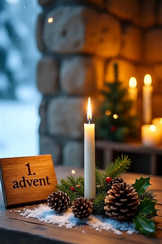 1. Advent' Schild und Kerze inmitten von verschneiter Stechpalme und Tannenzapfen in der Nähe eines gemütlichen Steinkamins.