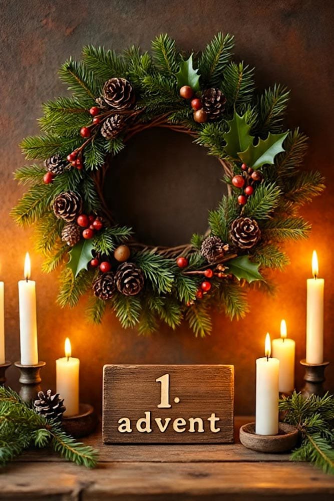 Dicker, geschmückter Tannen-Adventskranz an einer Wand, darunter vier Kerzen und ein '1. Advent' Holzschild.