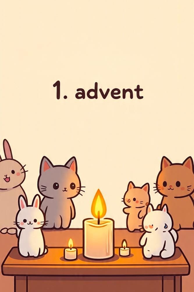 Entzückendes illustriertes Bild von niedlichen Kätzchen und Hasen, die '1. Advent' mit Kerzen auf einem Tisch feiern.