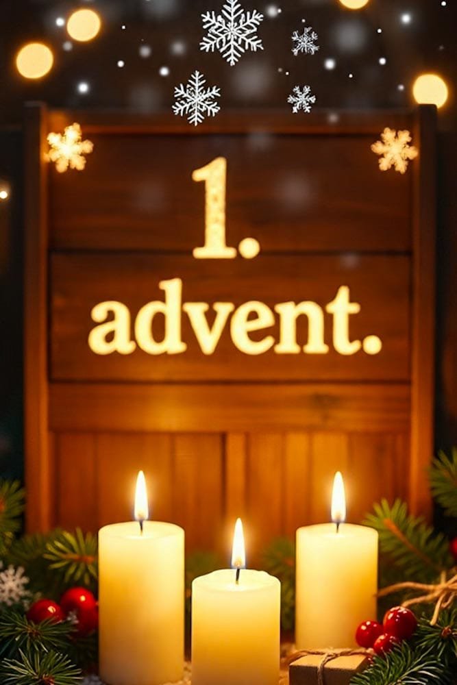 Holzschild mit hell leuchtendem '1. advent.' Text, darunter drei brennende, dicke Kerzen und Tannenzweige.