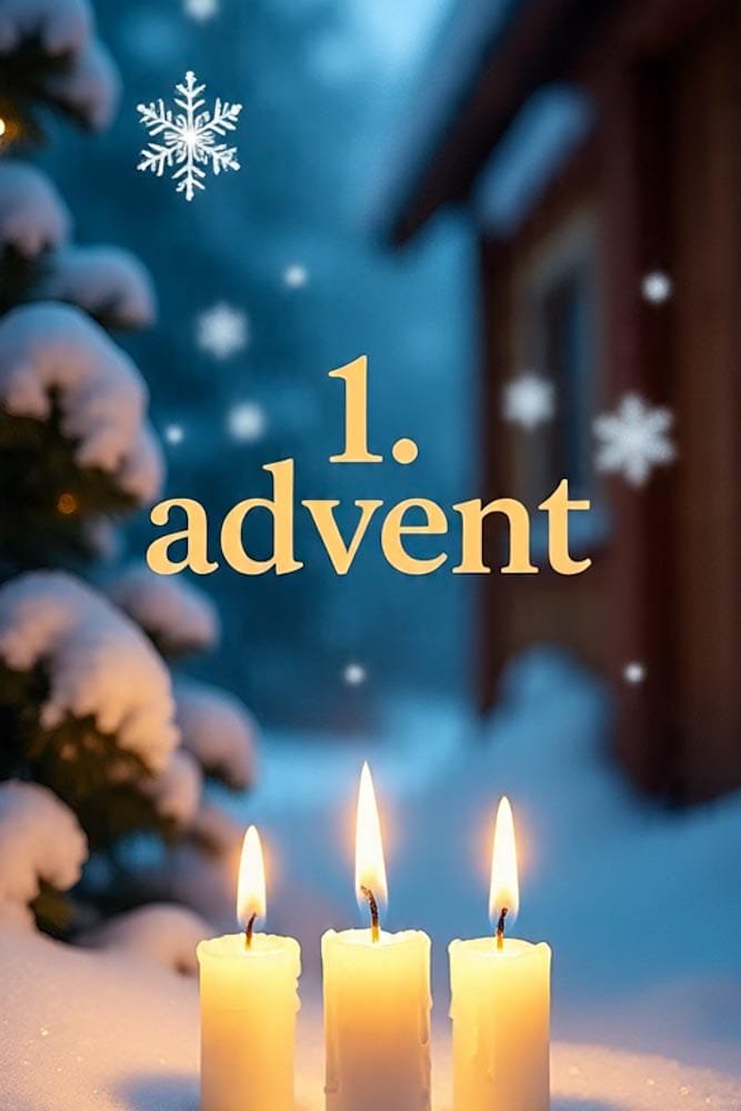 Schöne Nachtszene mit drei brennenden Kerzen im Schnee, Text '1. Advent' und einem verschneiten Baum.