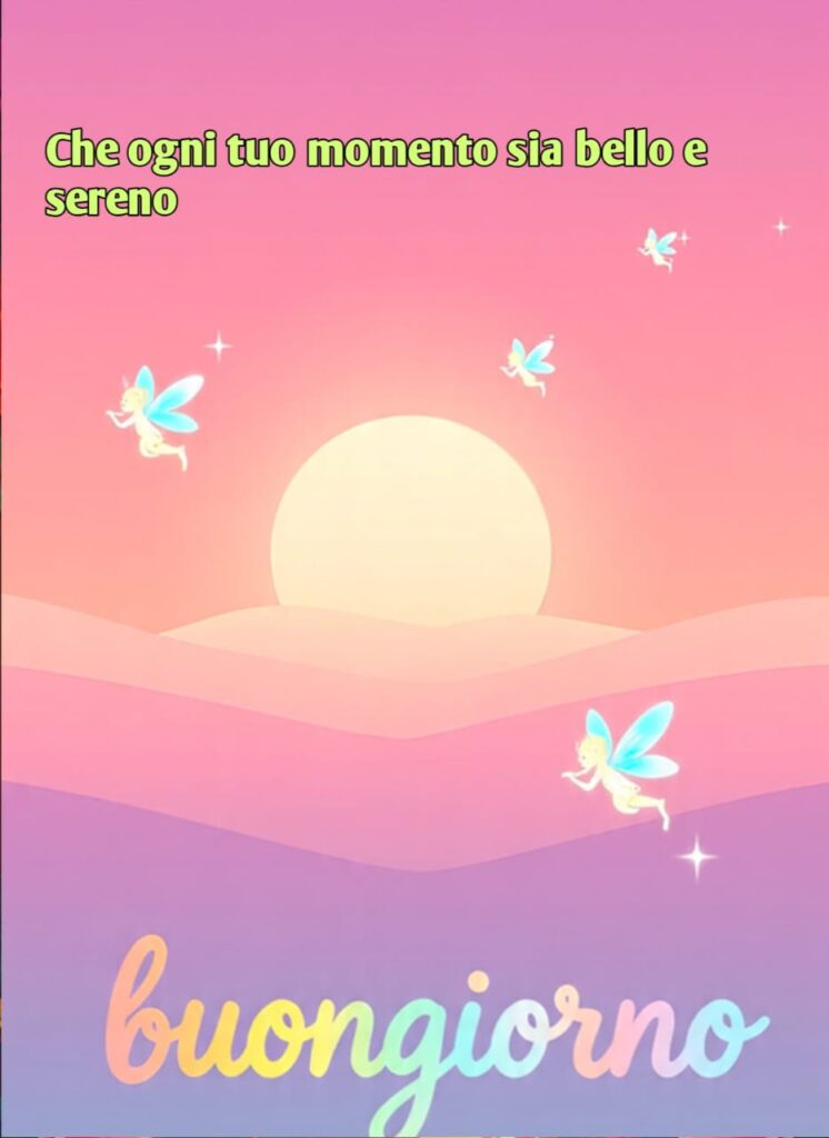 In questo bel paesaggio le fatine volano sopra le montagne e un fiume per augurare che il tuo sorriso duri per sempre L'immagine ha una cornice di fiori colorati