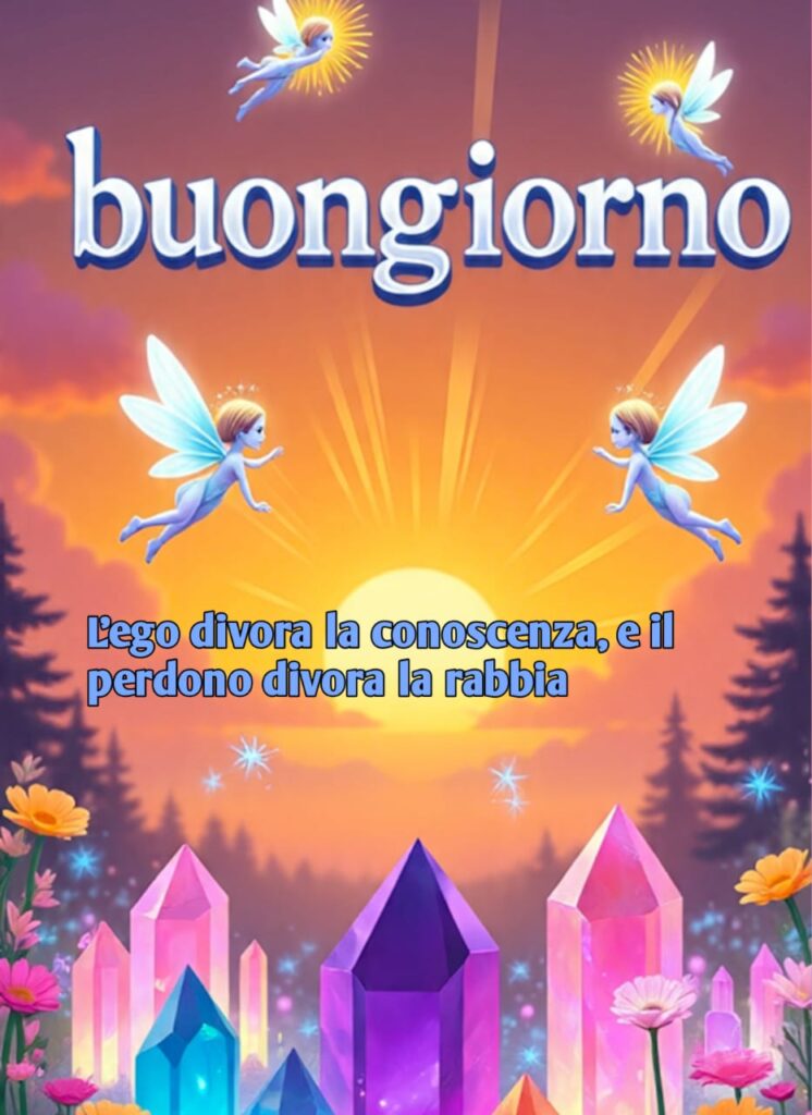 Questa immagine dalla luce dorata mostra fatine in volo e il messaggio ispiratore Non mollare mai" È un'immagine piena di energia positiva per la mattina