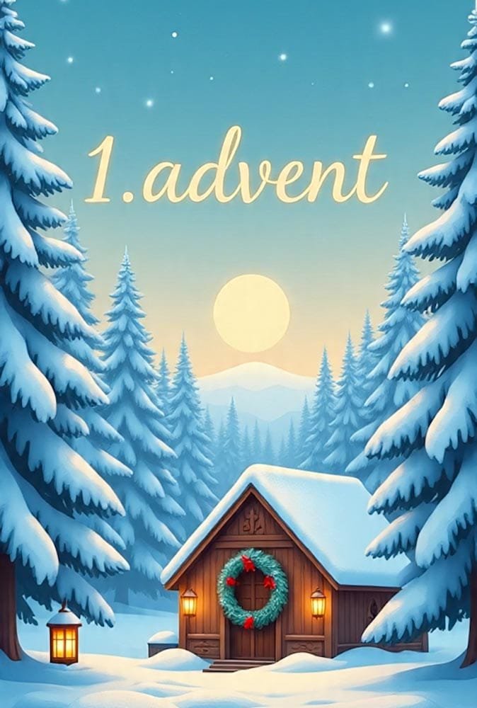 Verschneite Winterlandschaft mit Holzhütte, Adventskranz und Vollmond. Oben steht 1. advent.