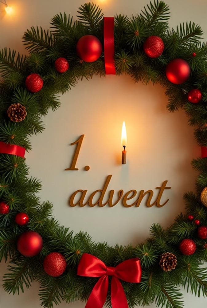 Adventskranz mit rotem Schmuck. Kleine brennende Kerze in der Mitte und der Text 1. Advent