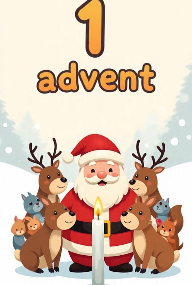 Cartoon-Weihnachtsmann umgeben von Rentieren und kleinen Tieren vor einer Kerze. Oben 1 advent.