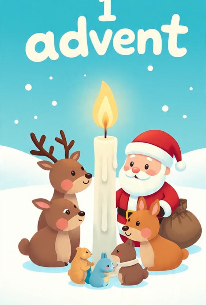 Cartoon-Weihnachtsmann, Rentiere und kleine Tiere um eine dicke brennende Kerze. Oben 1 advent.