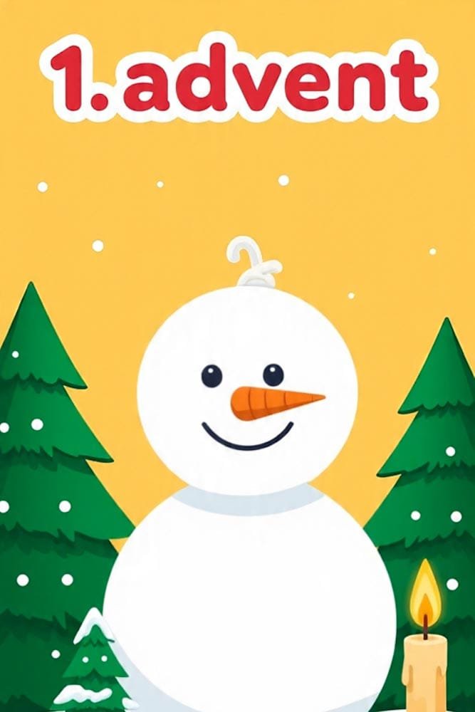 Ein großer, lächelnder Schneemann mit Tannenbäumen. Unten brennt eine kleine Kerze. Oben 1. advent.