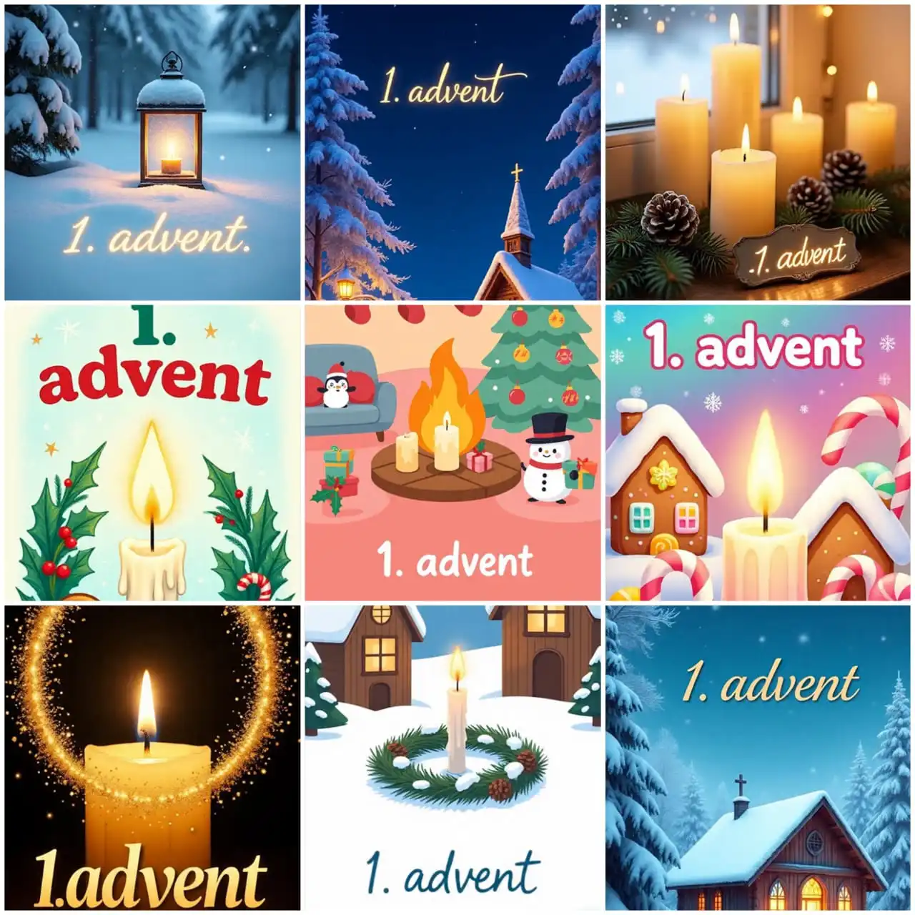 Verschiedene thematische Illustrationen zum 1. Advent mit verschneiten Landschaften, Kerzen, Kirchen, Adventskranz, Lebkuchenhäusern und Weihnachtsdekoration