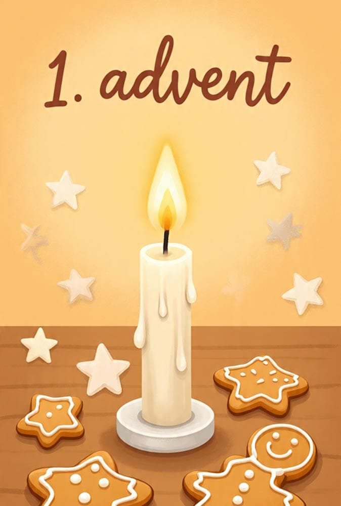 Eine brennende Kerze umgeben von Lebkuchensternen und einem Lebkuchenmann. Oben steht 1. advent.