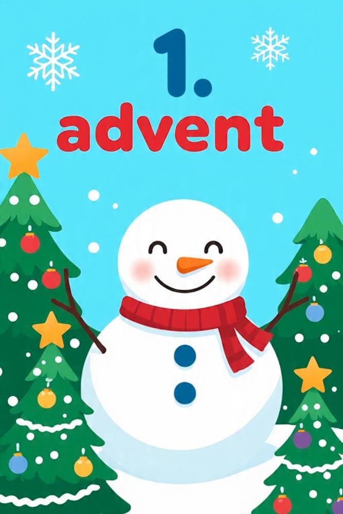 Fröhlicher Schneemann mit rotem Schal, umgeben von geschmückten Tannenbäumen. Oben 1. advent.