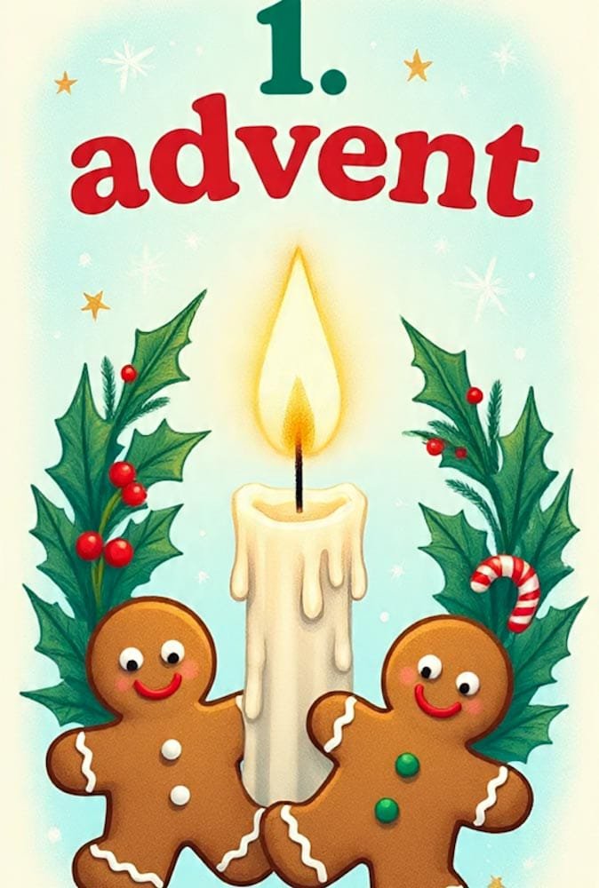 Zwei Lebkuchenmännchen neben einer Kerze mit Stechpalmenzweigen. Oben rot 1. advent.