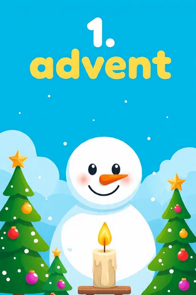 Ein fröhlicher Schneemann und geschmückte Tannenbäume. Eine Kerze brennt darunter. Oben 1. advent.