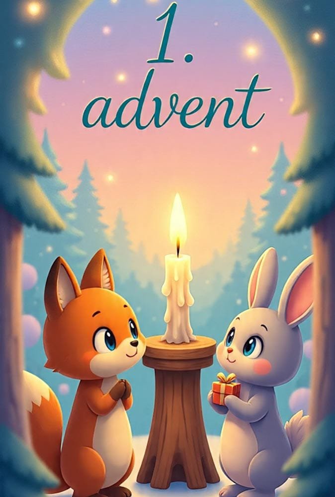 Zwei brennende Kerzen auf einem Fensterbrett, umgeben von Tannengrün und Beeren. Holzschild mit 1. advent.