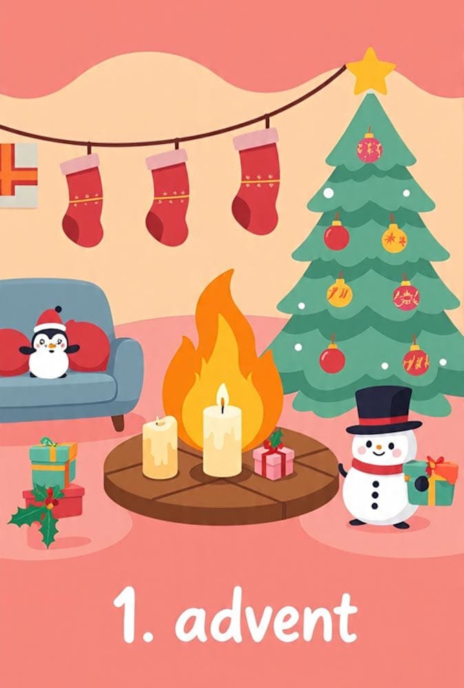 Cartoon-Szene mit Weihnachtsbaum, Pinguin, Schneemann und Kamin. Unten steht 1. advent.