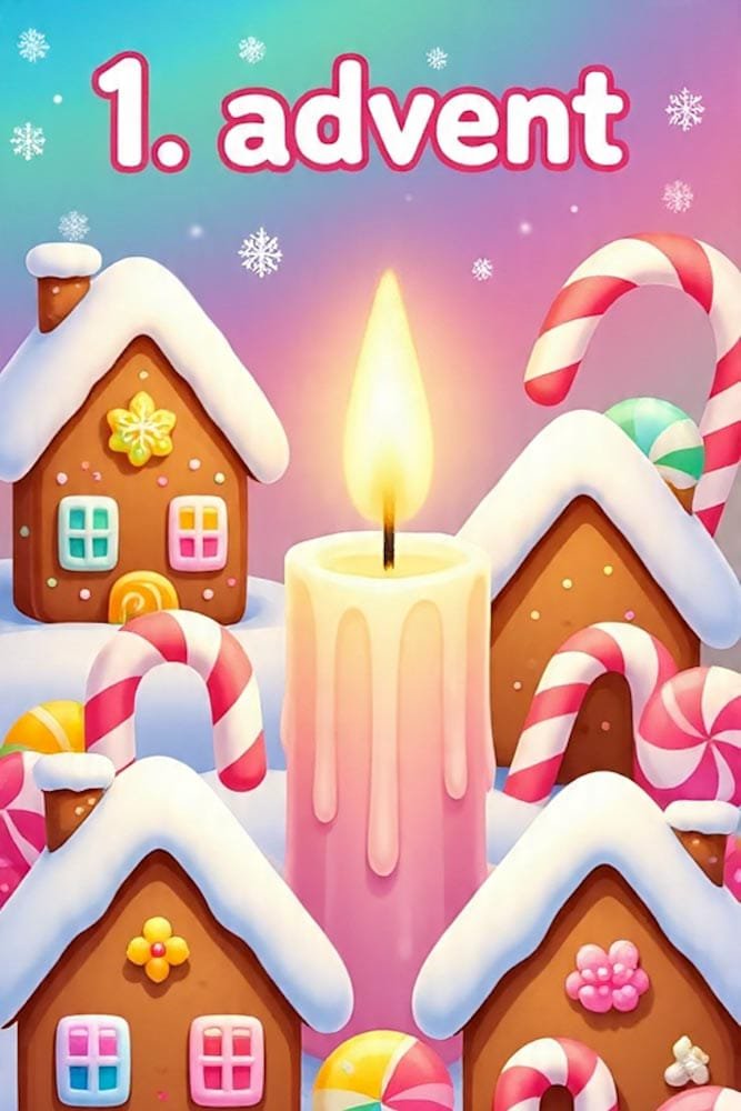 Eine brennende Kerze umgeben von Lebkuchenhäusern, Candy Canes und Schnee. Oben 1. advent.