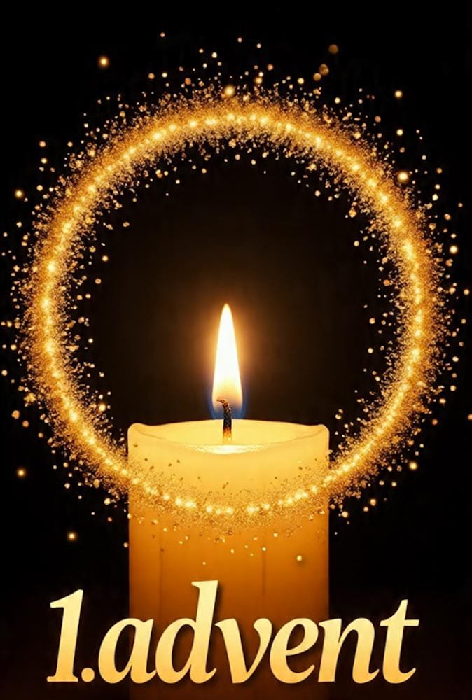 Eine dicke brennende Kerze umgeben von einem leuchtenden, goldenen Partikelkreis. Unten 1. advent.