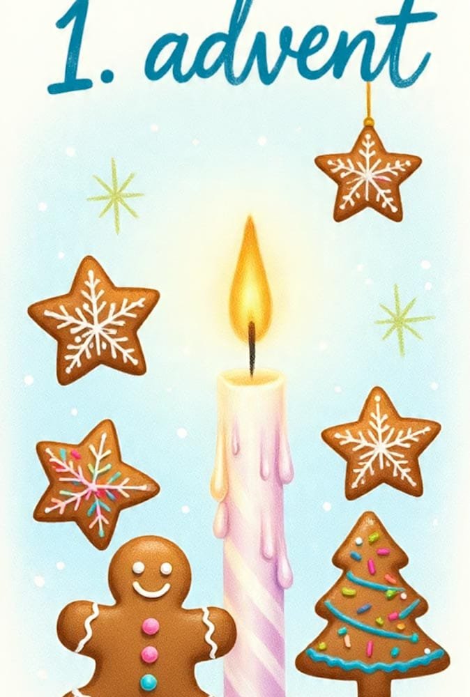 Lebkuchenmännchen, Sterne und Baum umgeben eine Kerze mit bunten Tropfen. Oben 1. advent.