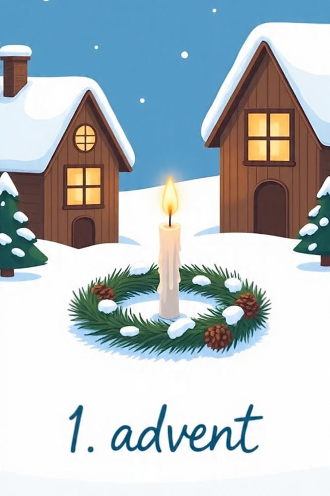 Eine Kerze in einem kleinen Tannenkranz mit Zapfen zwischen zwei verschneiten Holzhäusern. 1. advent.