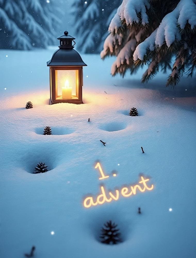 Eine brennende Kerzenlaterne im verschneiten Wald, mit kleinen Tannenzapfen. Leuchtender Text 1. advent.